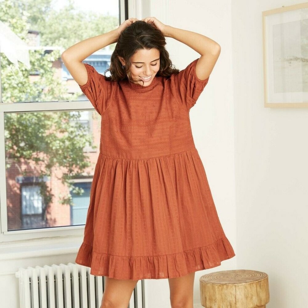Women's Puff Short Sleeve Eyelet Dress Rust
